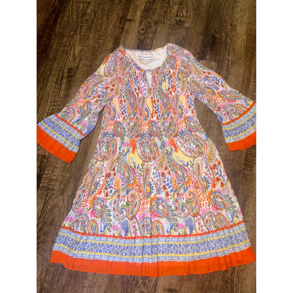 Emma & Michele Paisley Pleated Shift Dress Orange Blue 3/4 Bell Sleeve XL